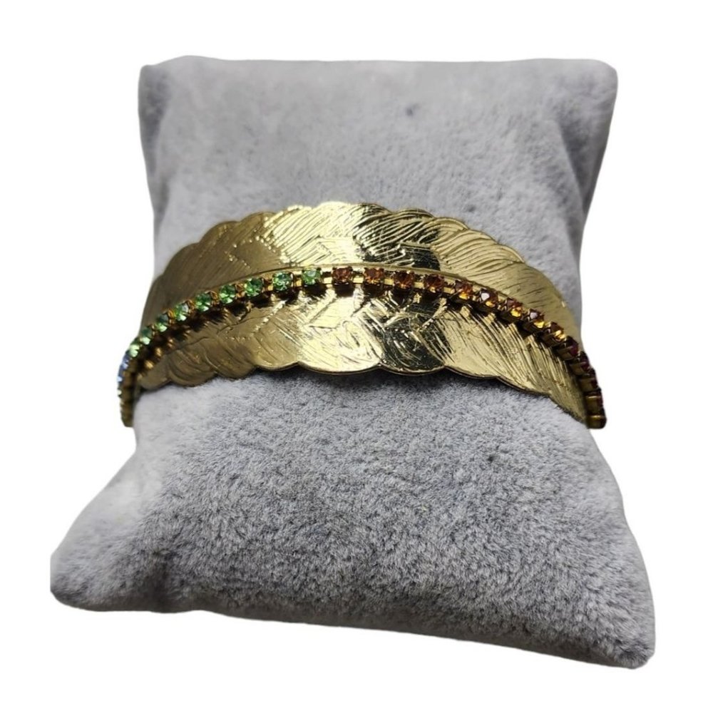Vintage Gold Plated Metal Feather Adjustable Bracelet With Rhinestone (A3046)